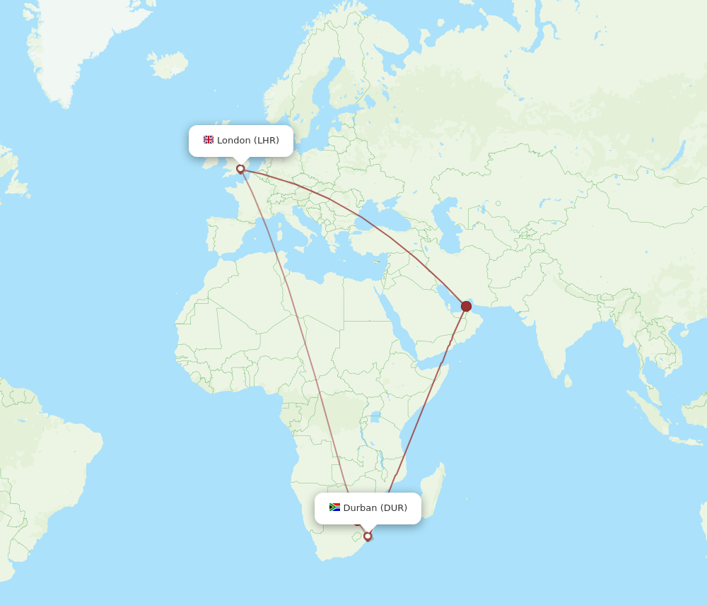 LHR to DUR flights and routes map