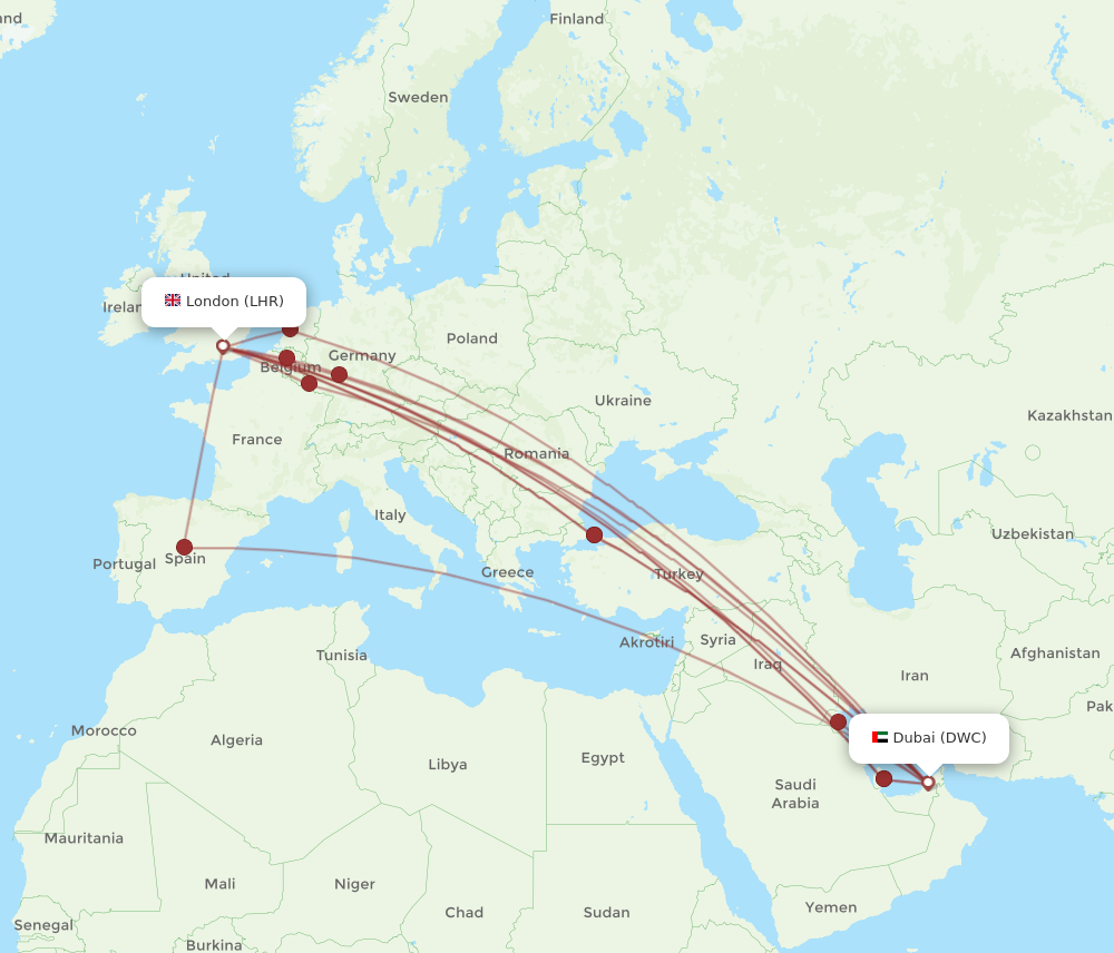 LHR to DWC flights and routes map