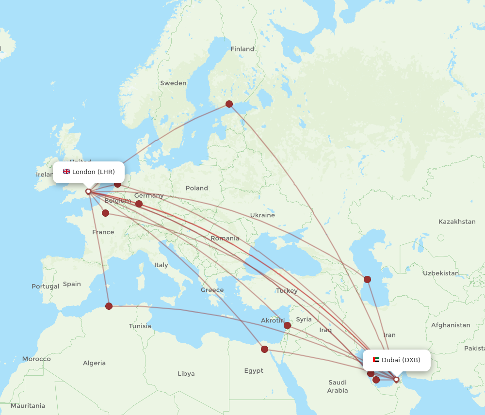 LHR to DXB flights and routes map