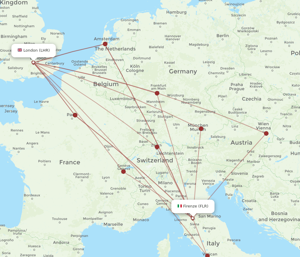 LHR to FLR flights and routes map