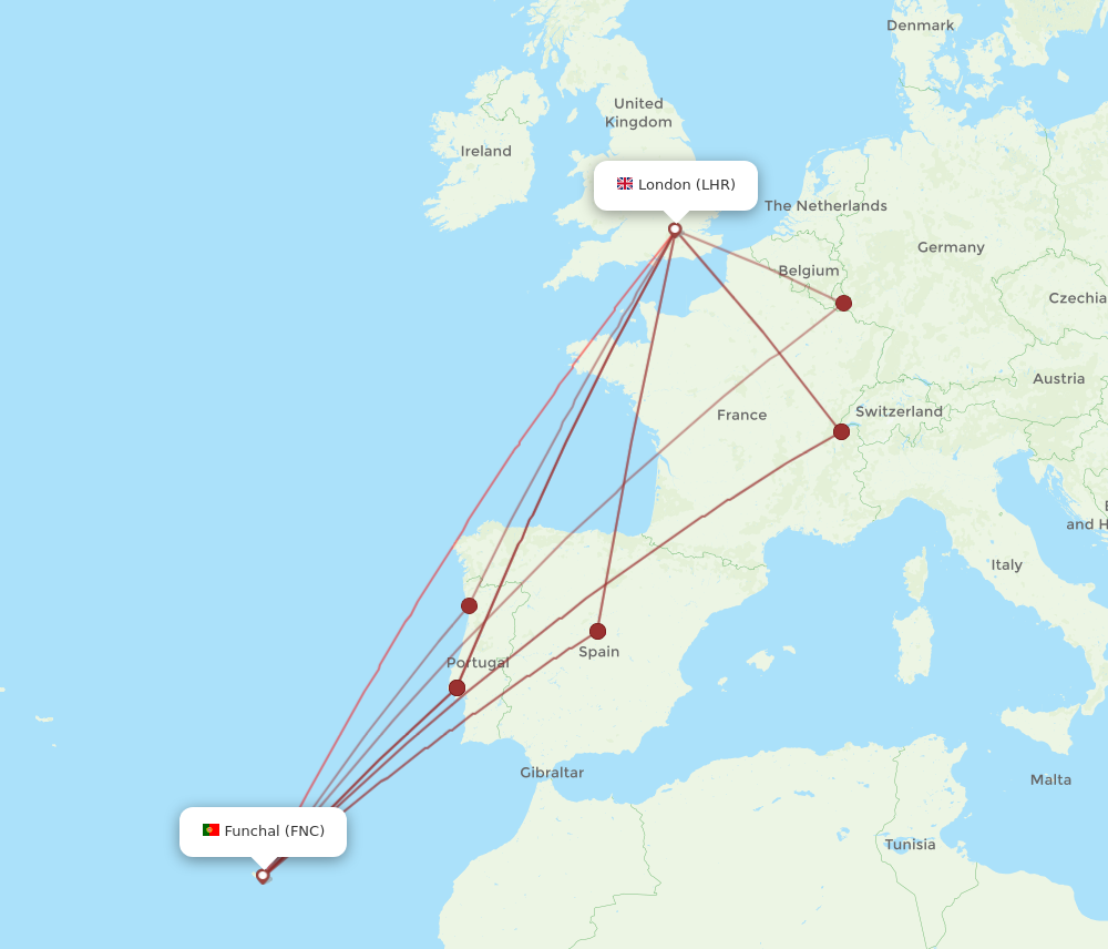 LHR to FNC flights and routes map