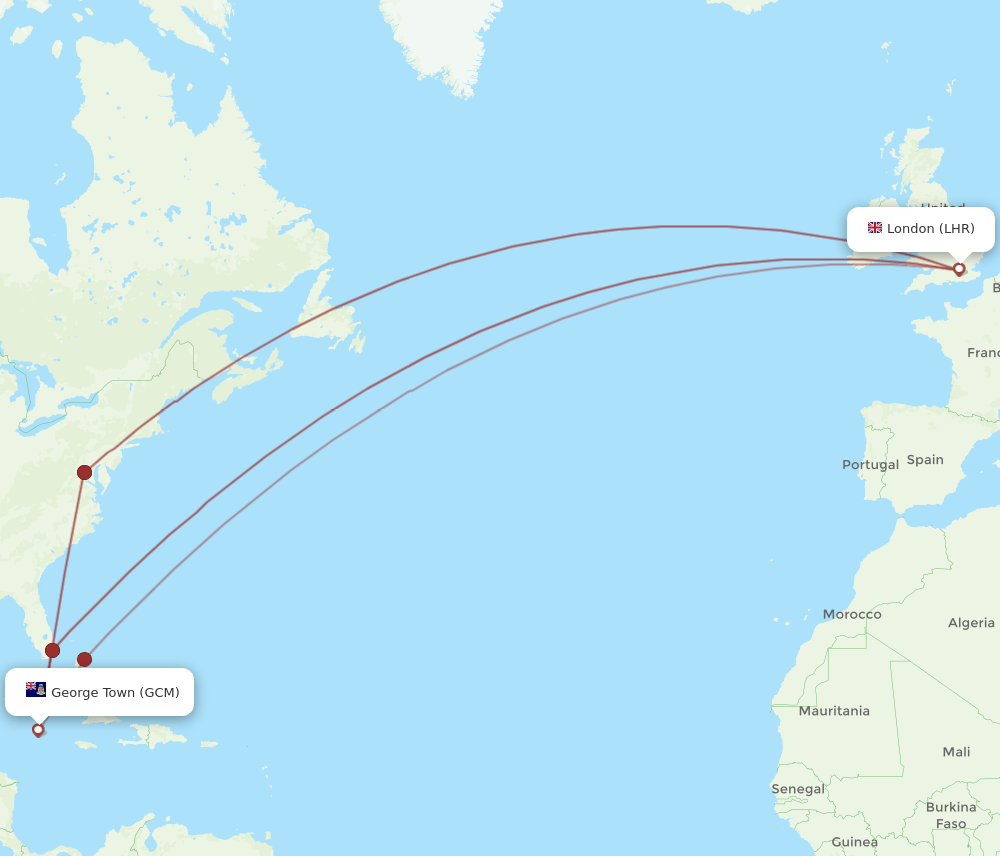 LHR-GCM flight routes