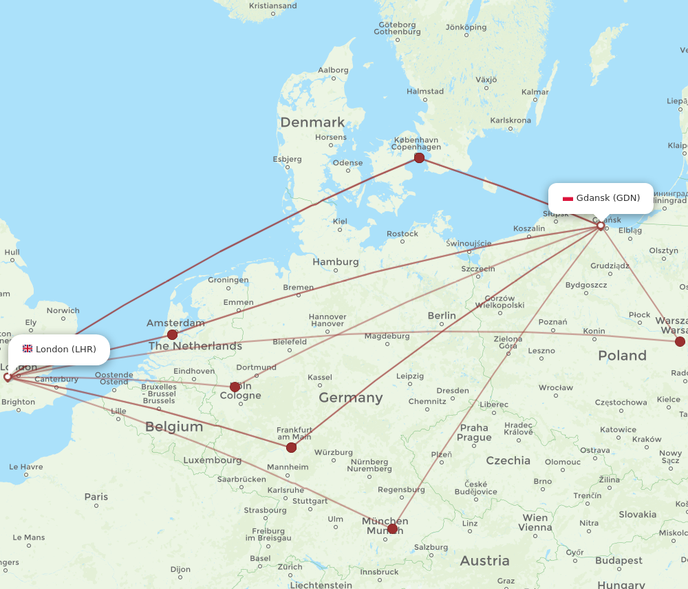 LHR to GDN flights and routes map