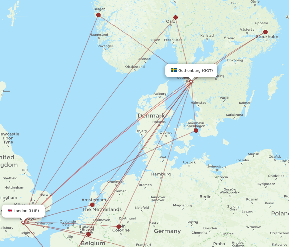 LHR to GOT flights and routes map