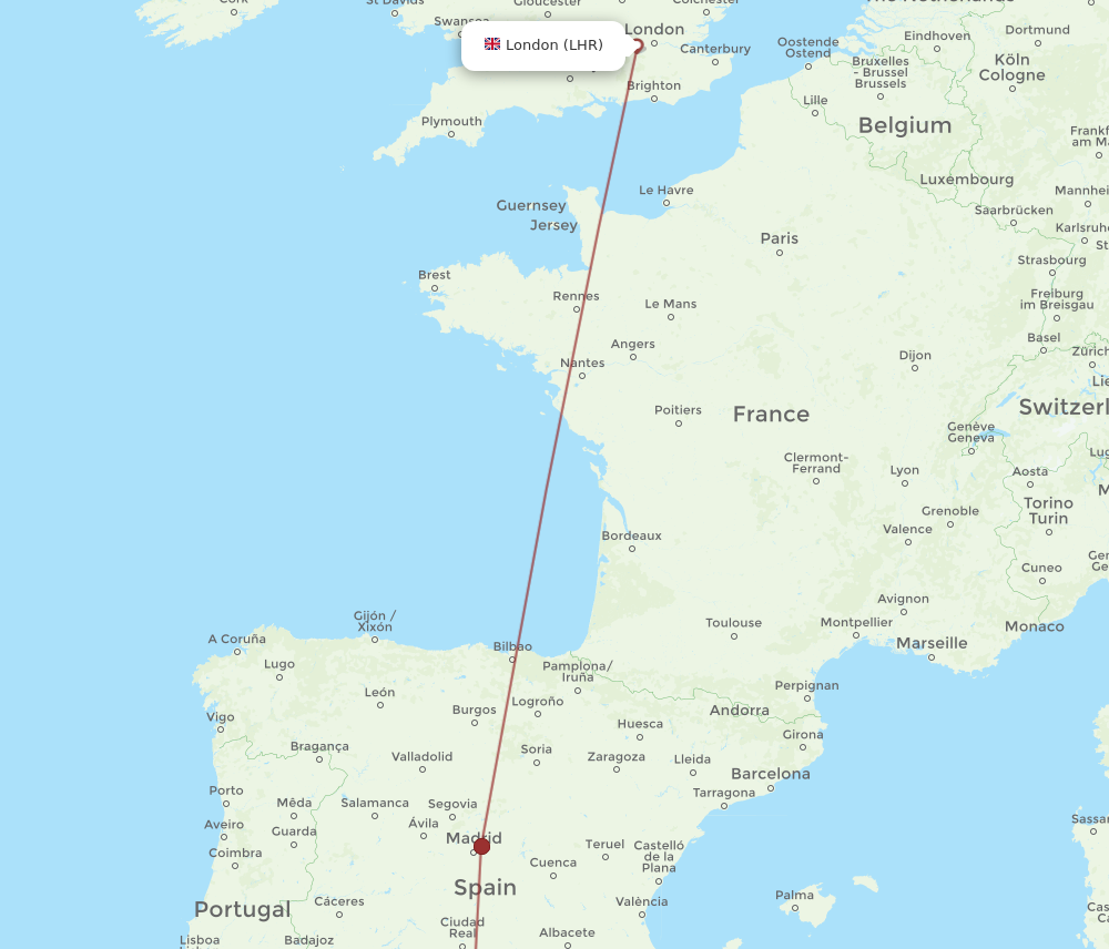 LHR to GRX flights and routes map