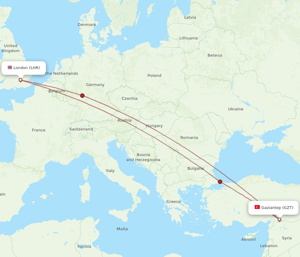LHR to GZT flights and routes map