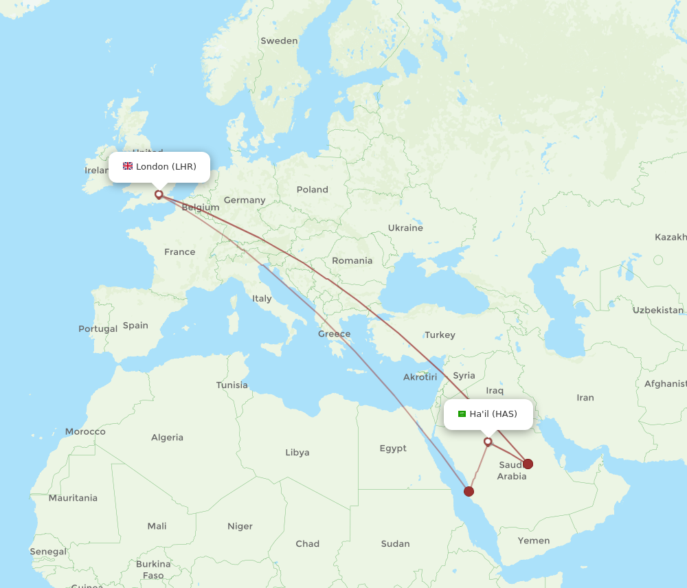 LHR to HAS flights and routes map