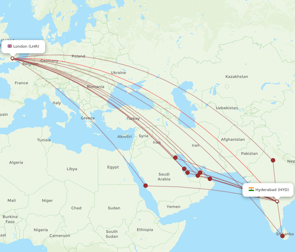 LHR to HYD flights and routes map