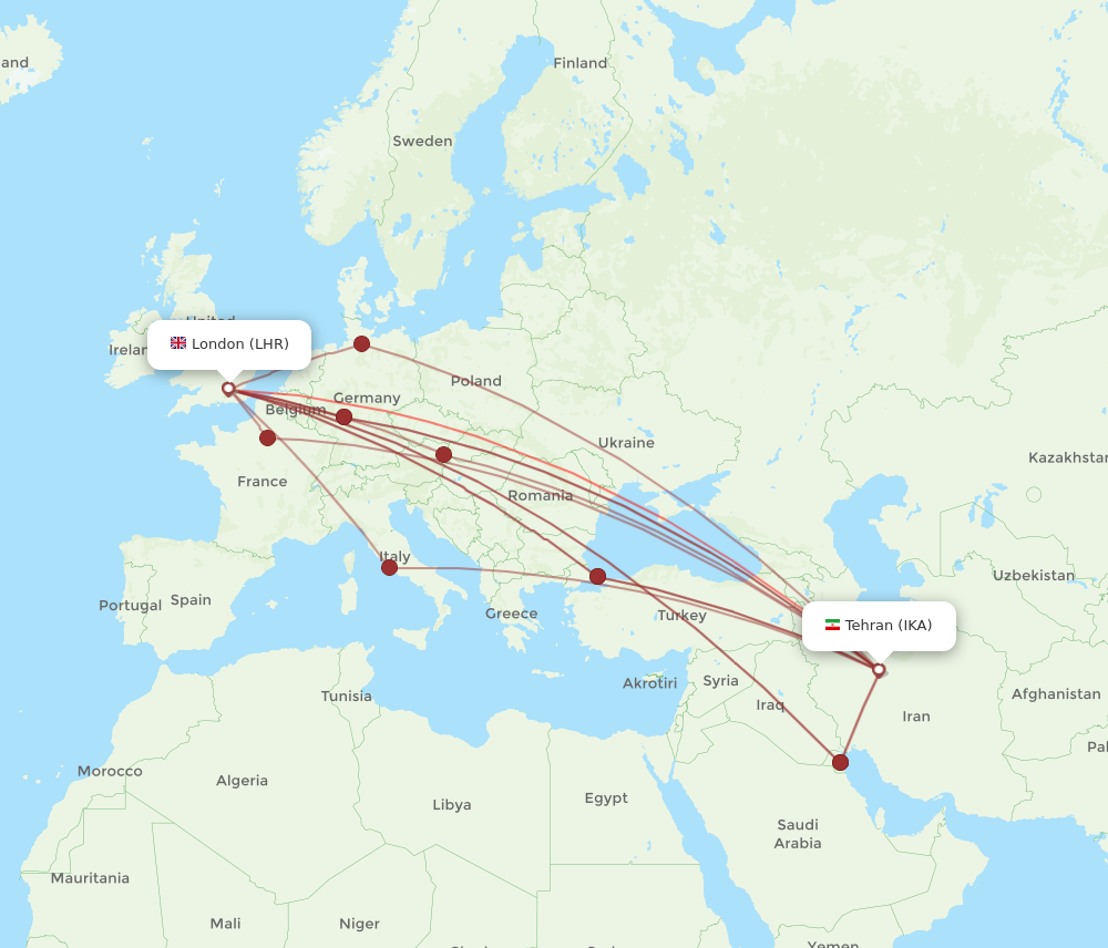 LHR to IKA flights and routes map