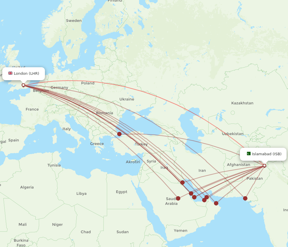 LHR to ISB flights and routes map