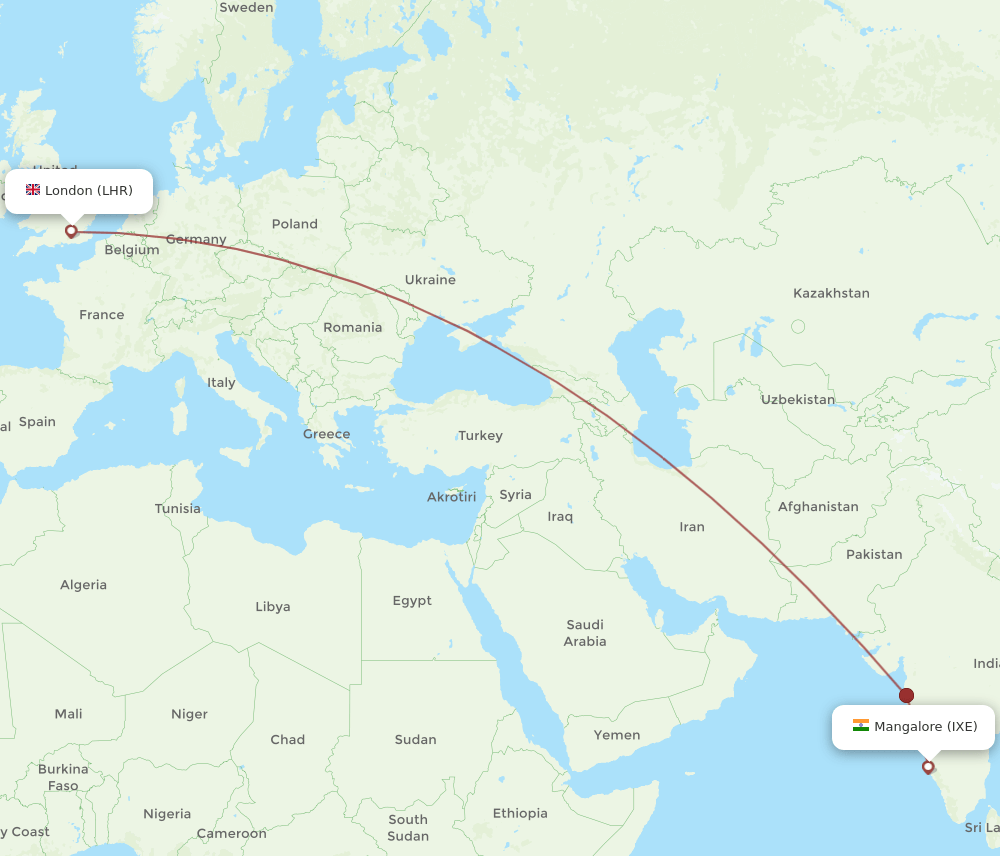 Mangalore - London route map and flight paths