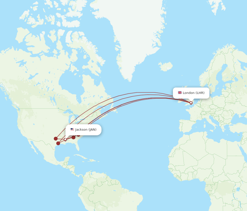 LHR to JAN flights and routes map