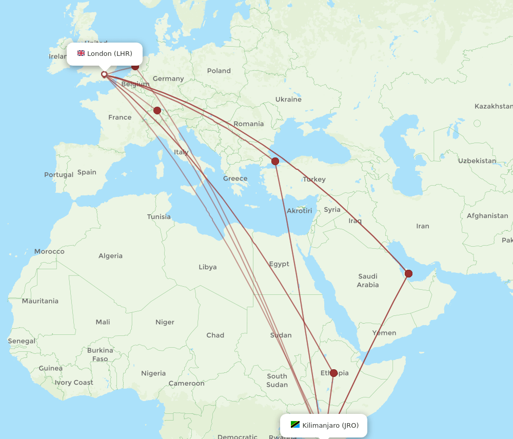 LHR to JRO flights and routes map