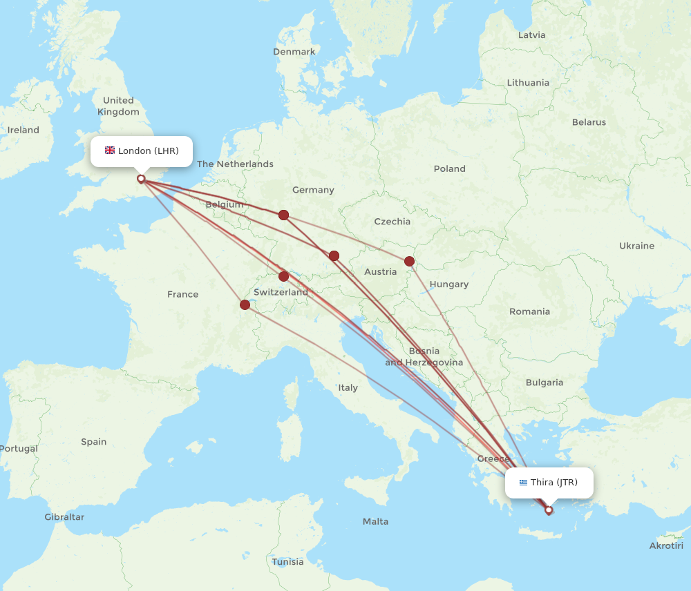 LHR to JTR flights and routes map
