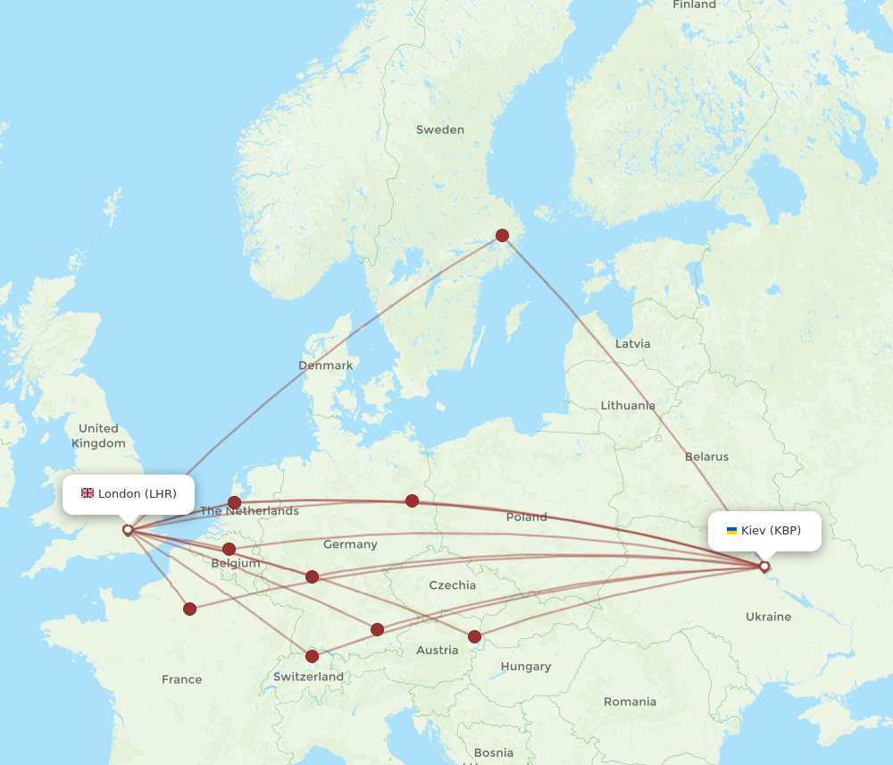 London - Kiev/Kyiv route map and flight paths