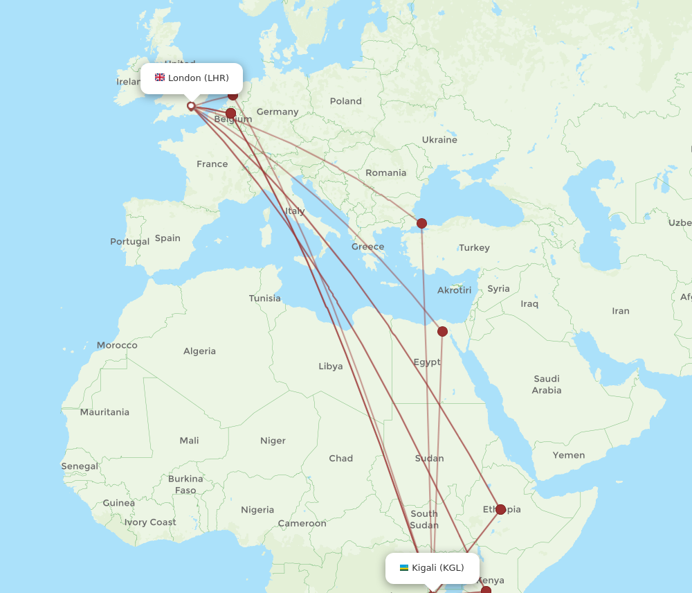 LHR to KGL flights and routes map