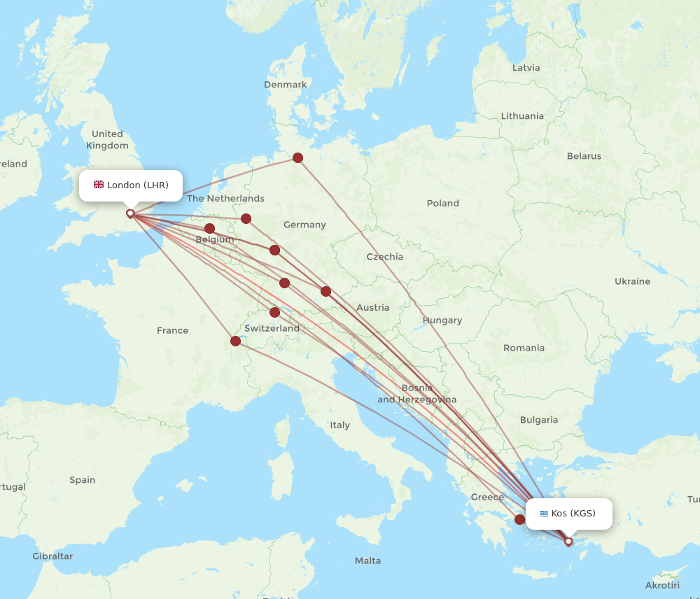 LHR to KGS flights and routes map