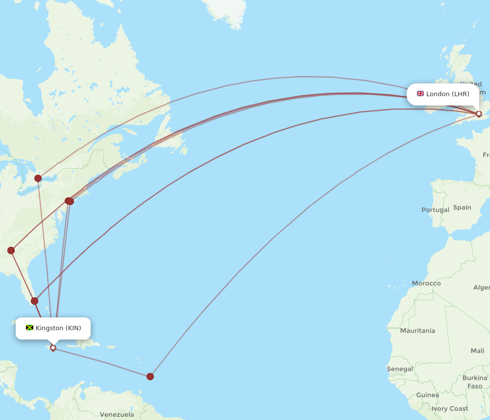 LHR to KIN flights and routes map