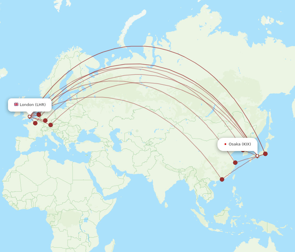 LHR to KIX flights and routes map