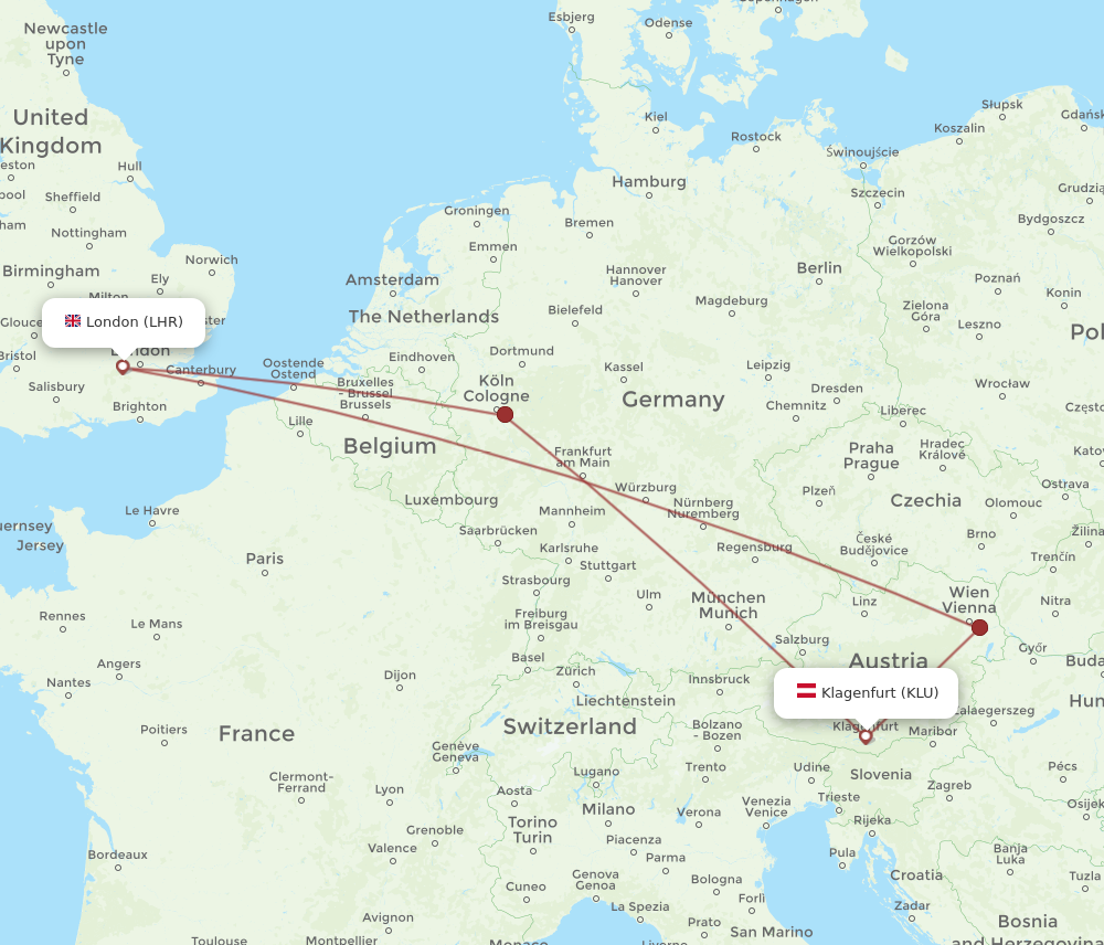 LHR to KLU flights and routes map
