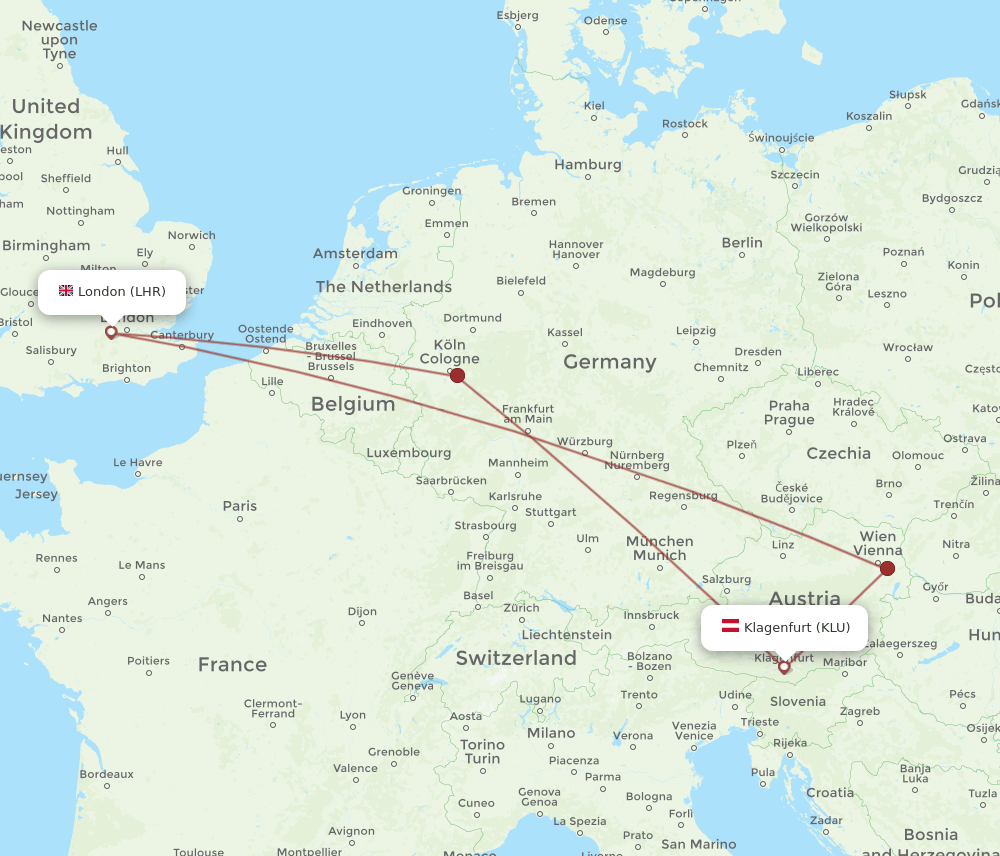 LHR-KLU flight routes