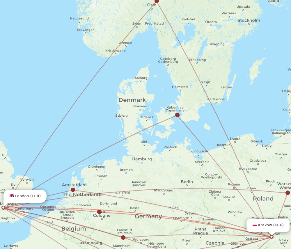 LHR to KRK flights and routes map
