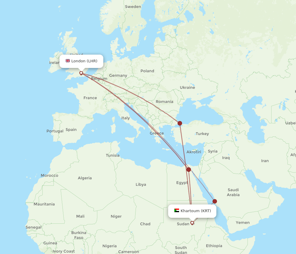 London - Khartoum route map and flight paths