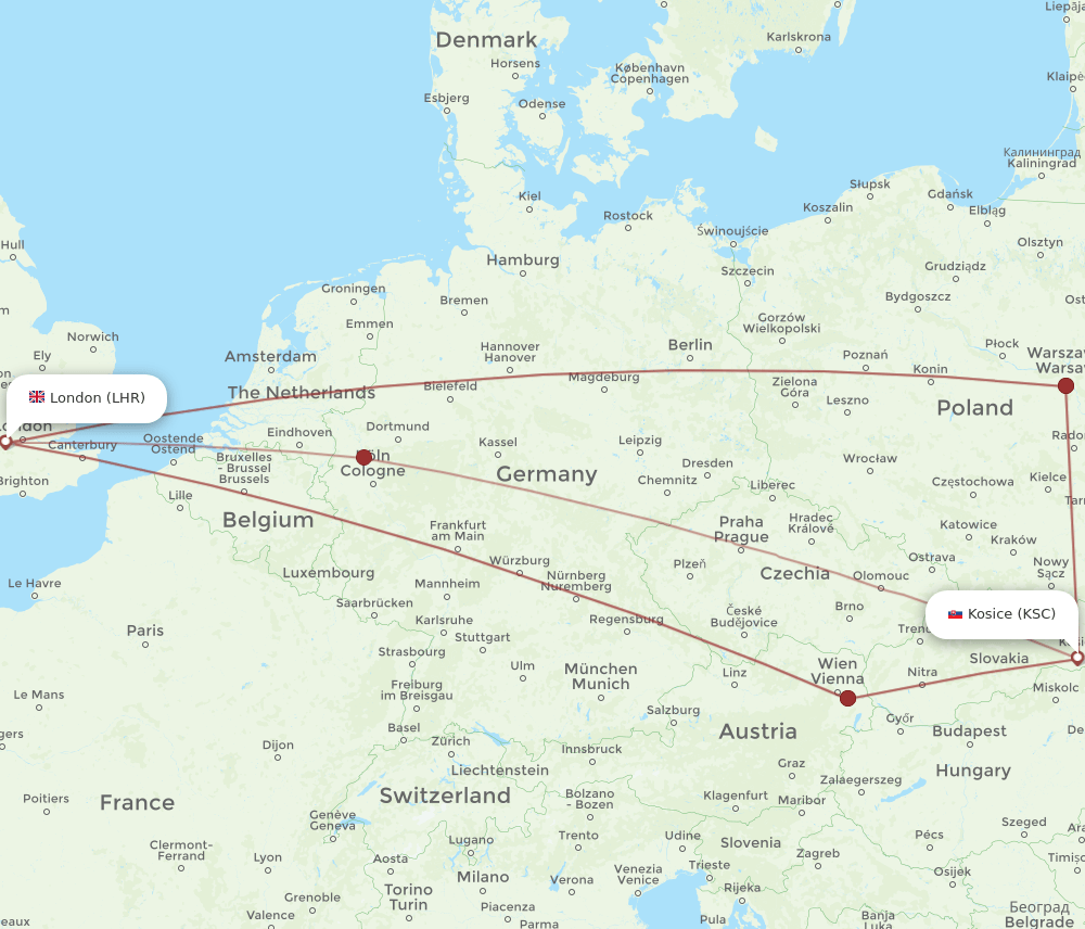 LHR-KSC flight routes
