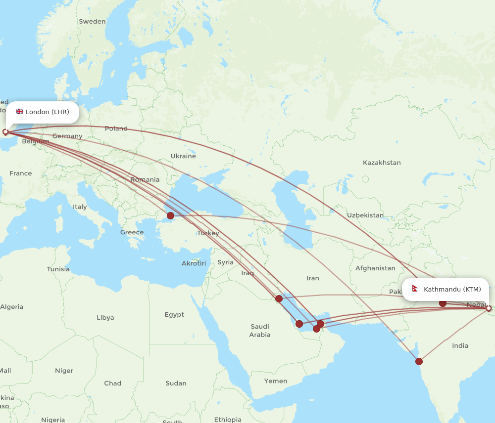 LHR-KTM flight routes