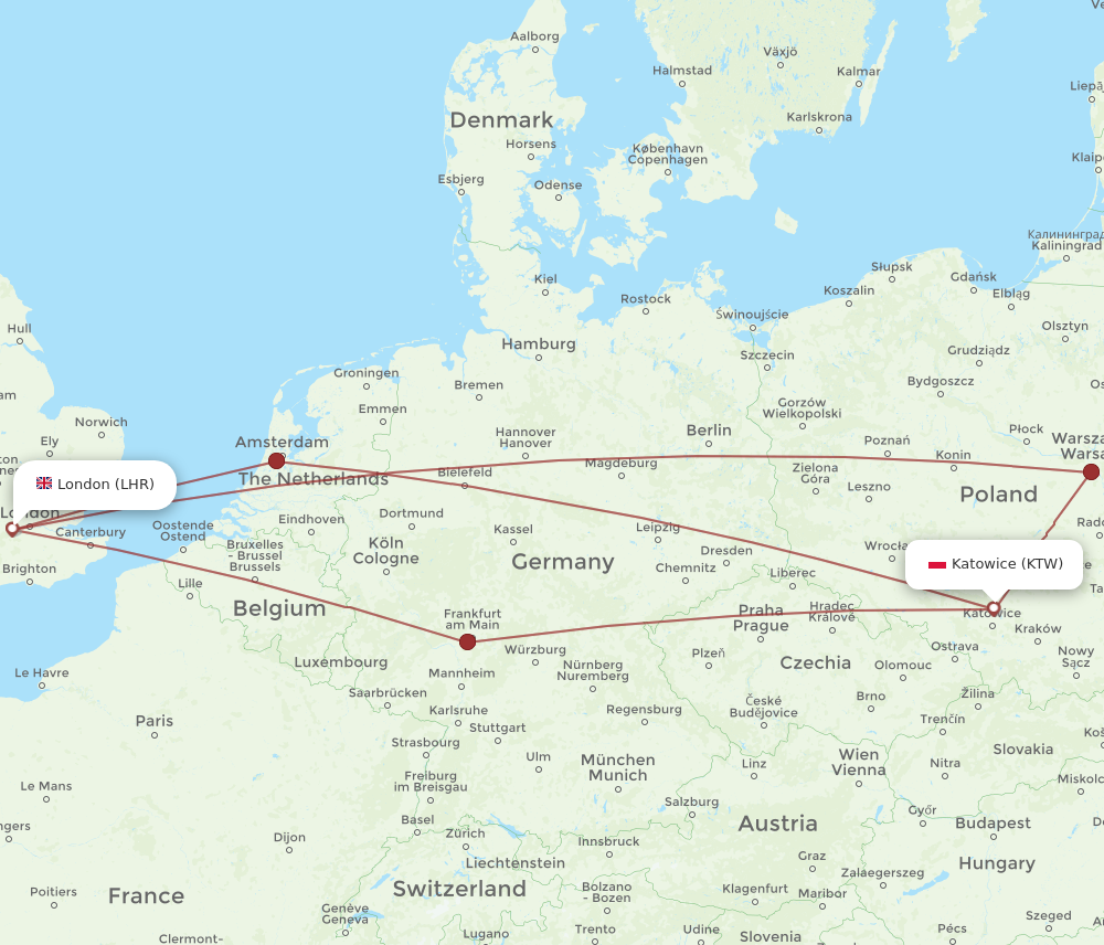 LHR to KTW flights and routes map