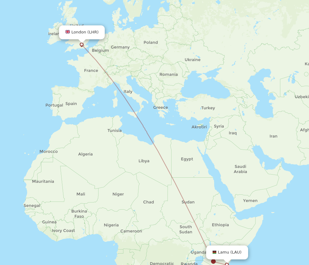 LHR to LAU flights and routes map