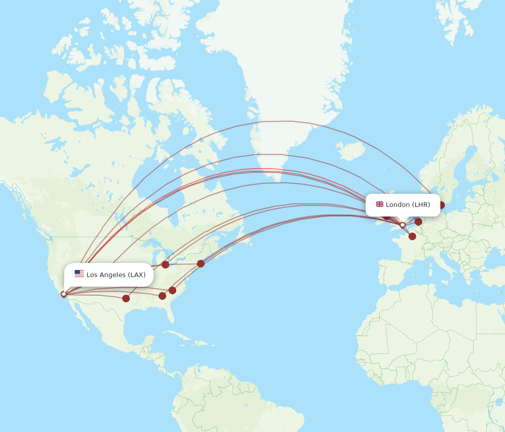 LHR to LAX flights and routes map