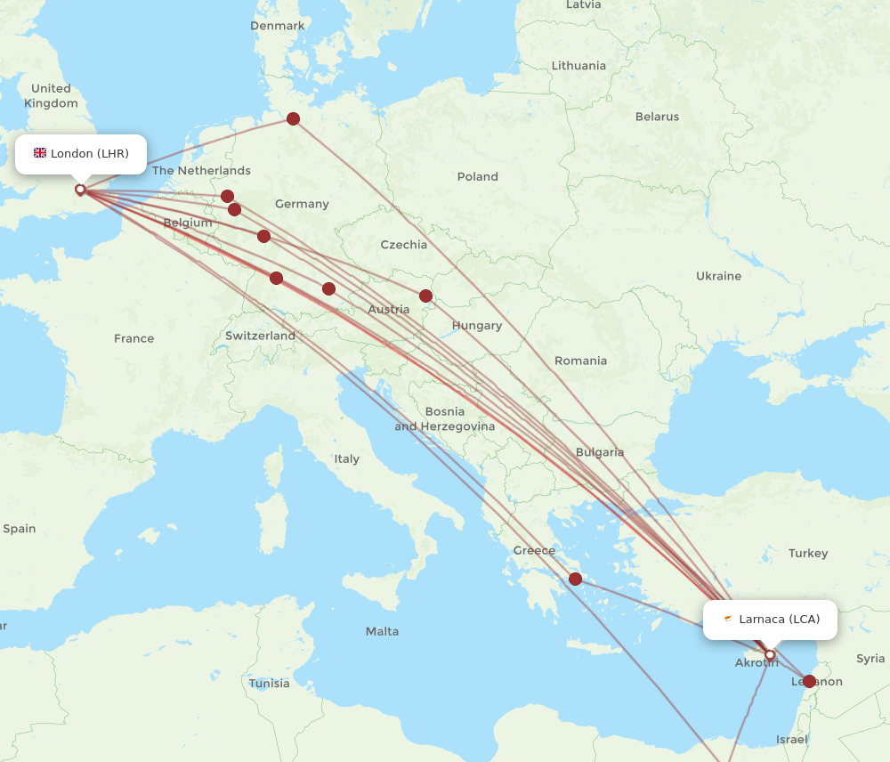 LHR to LCA flights and routes map