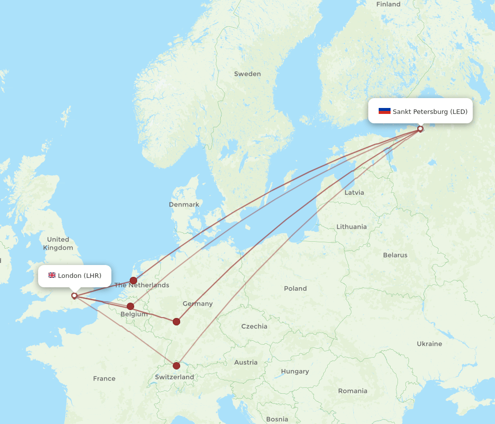 London - Saint Petersburg route map and flight paths