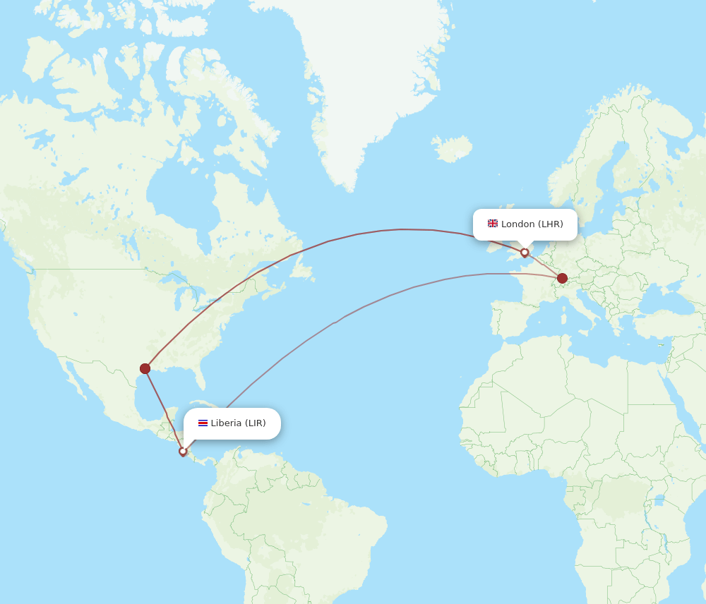 LHR to LIR flights and routes map