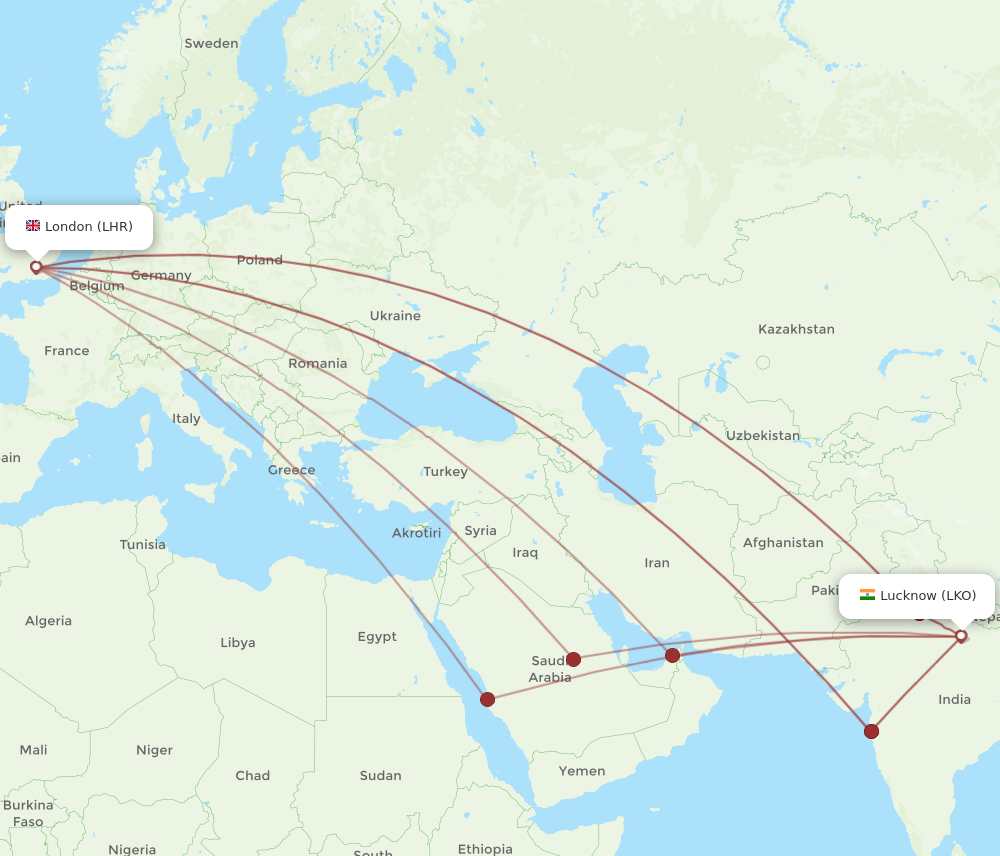 LHR to LKO flights and routes map