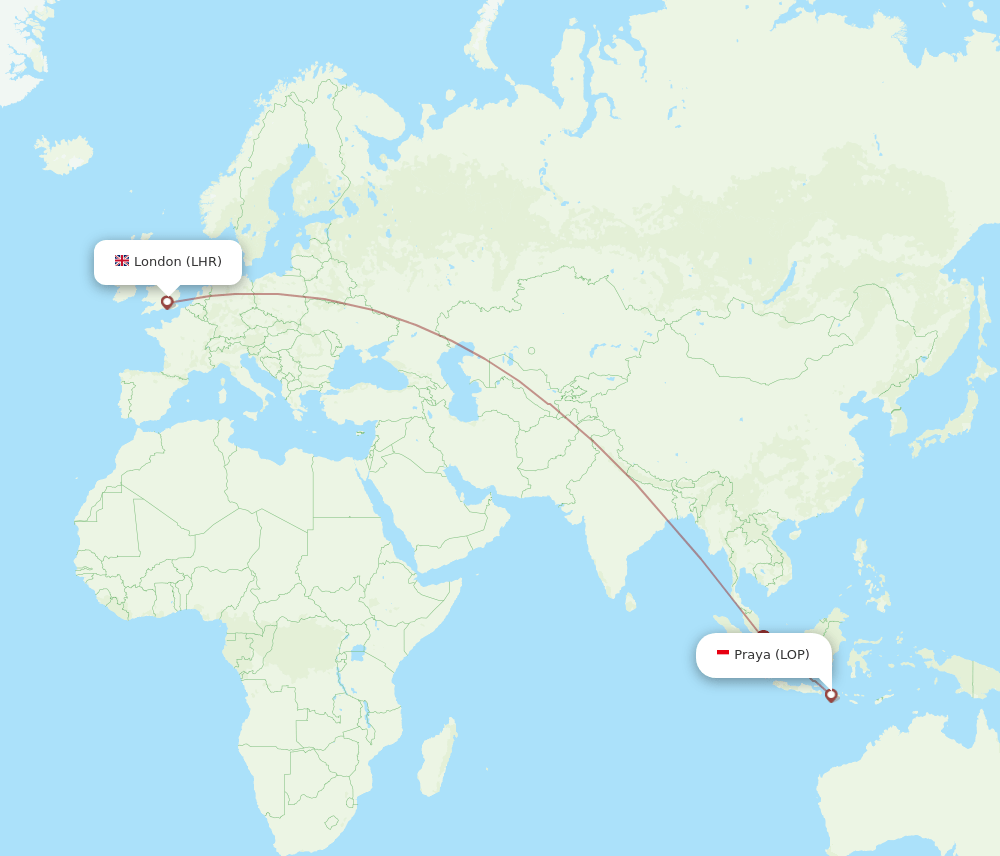 Praya - London route map and flight paths