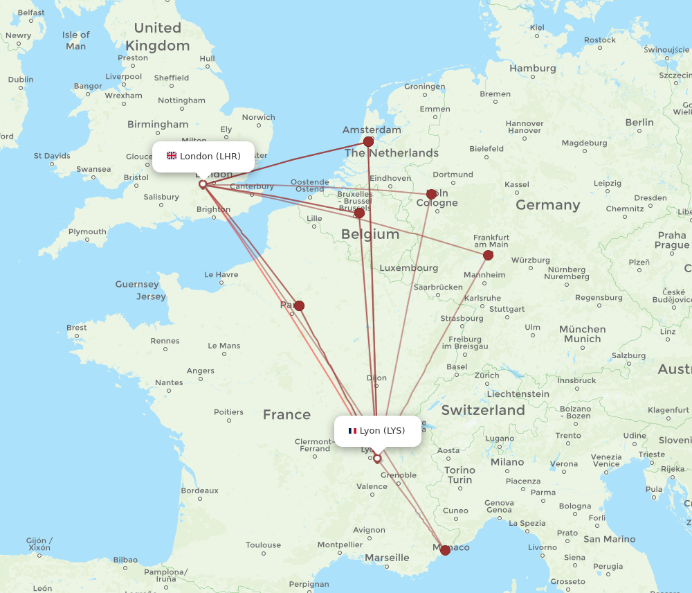 LHR to LYS flights and routes map