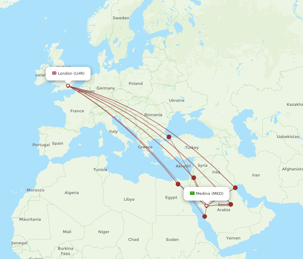 LHR to MED flights and routes map
