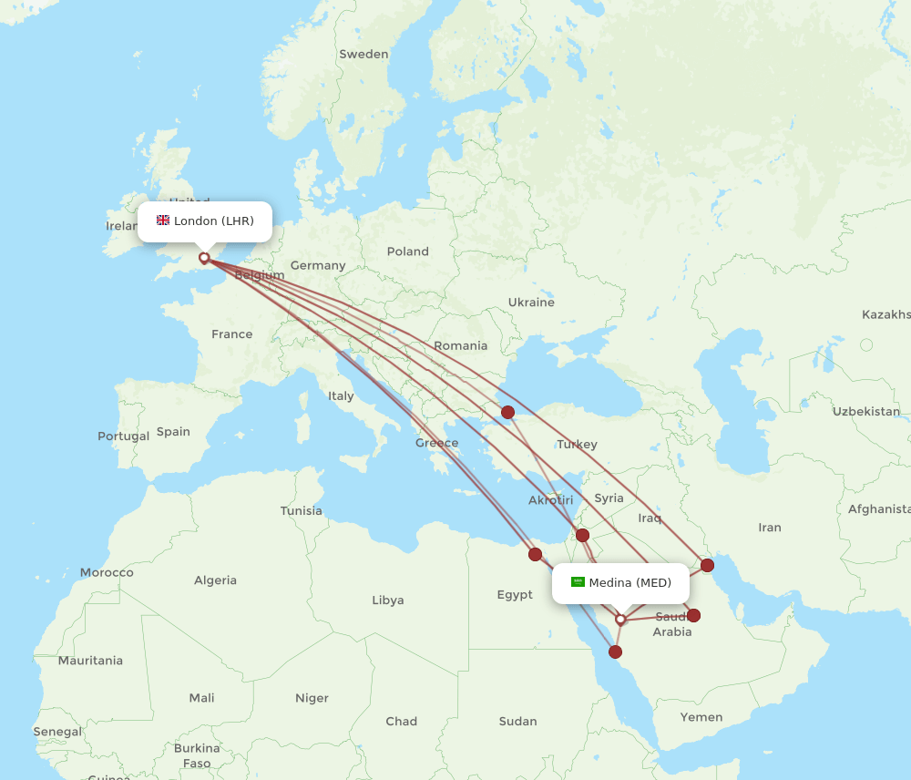 LHR to MED flights and routes map