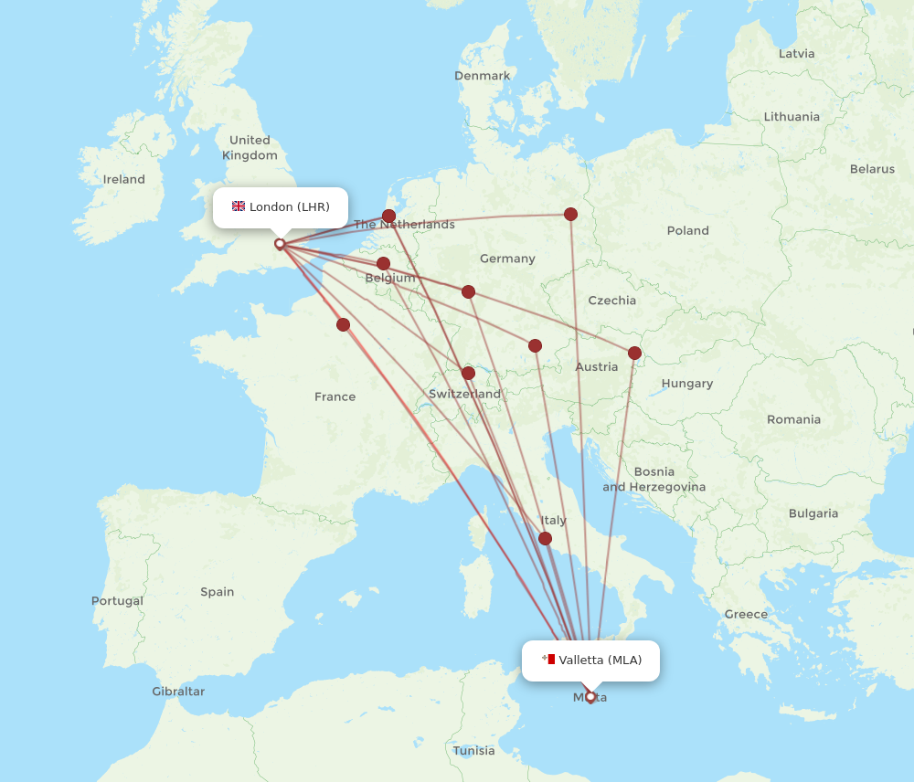 LHR to MLA flights and routes map