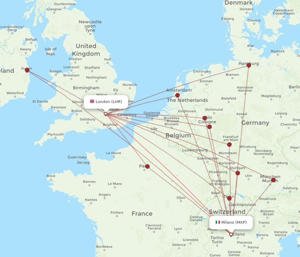 LHR to MXP flights and routes map