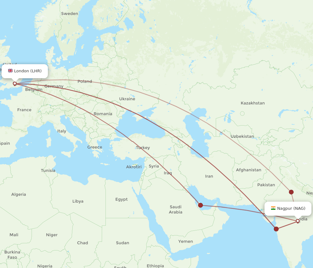 LHR-NAG flight routes