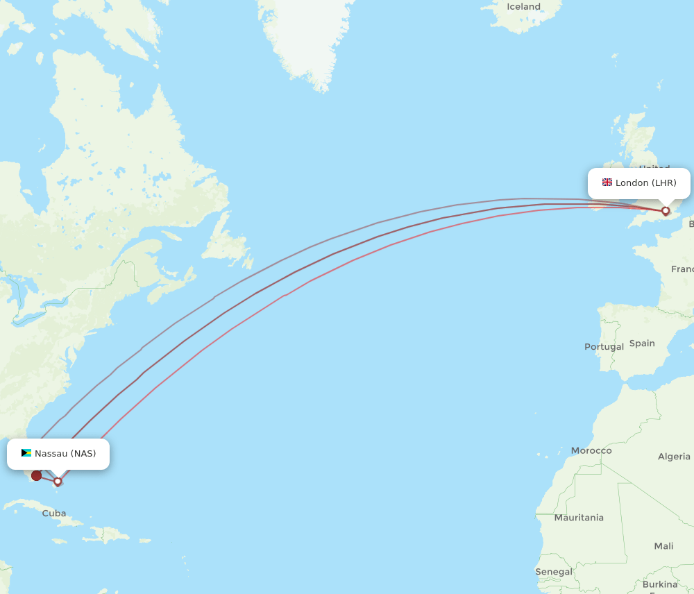 LHR to NAS flights and routes map