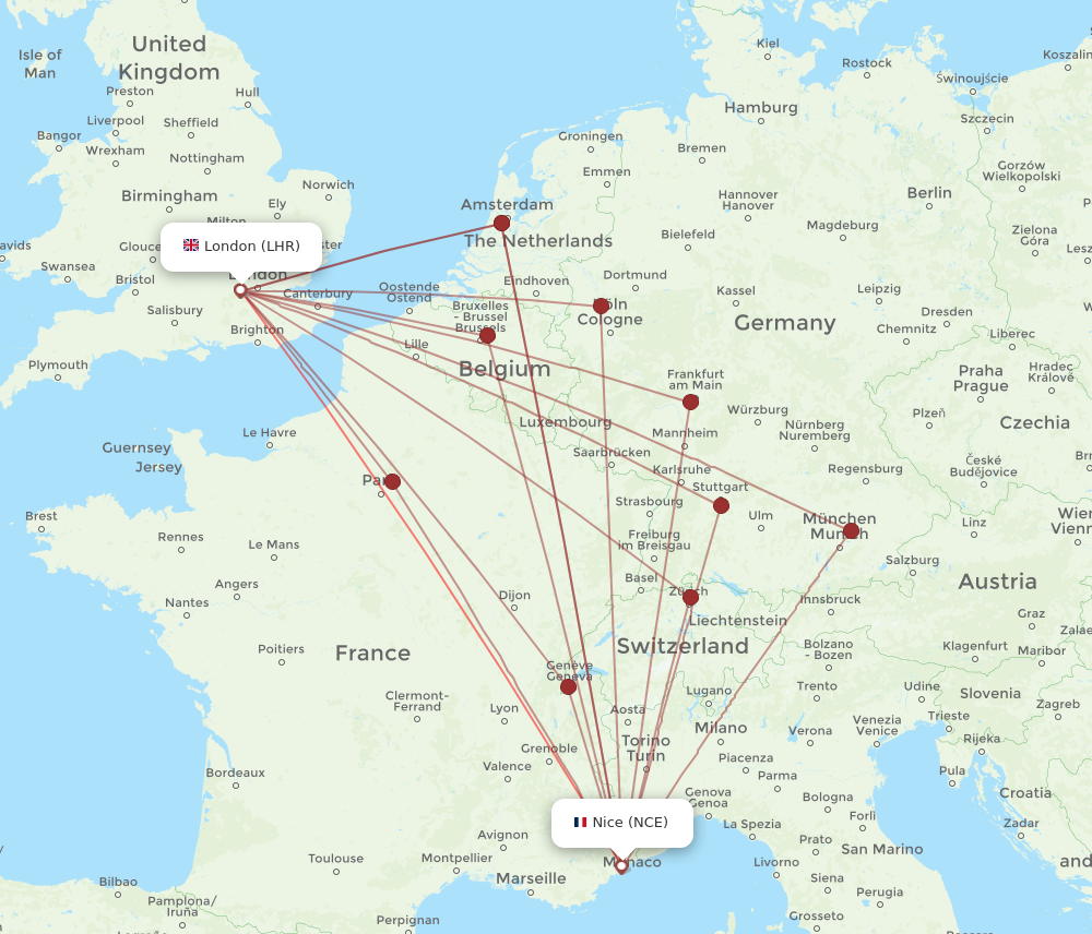 LHR to NCE flights and routes map