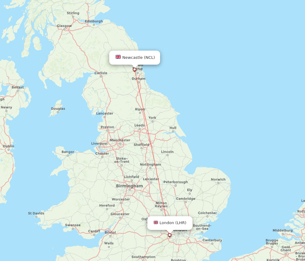 LHR to NCL flights and routes map