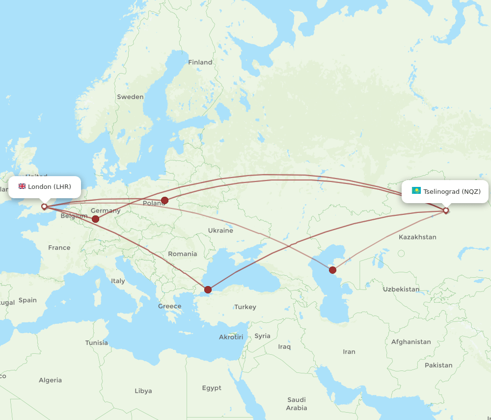 LHR to NQZ flights and routes map