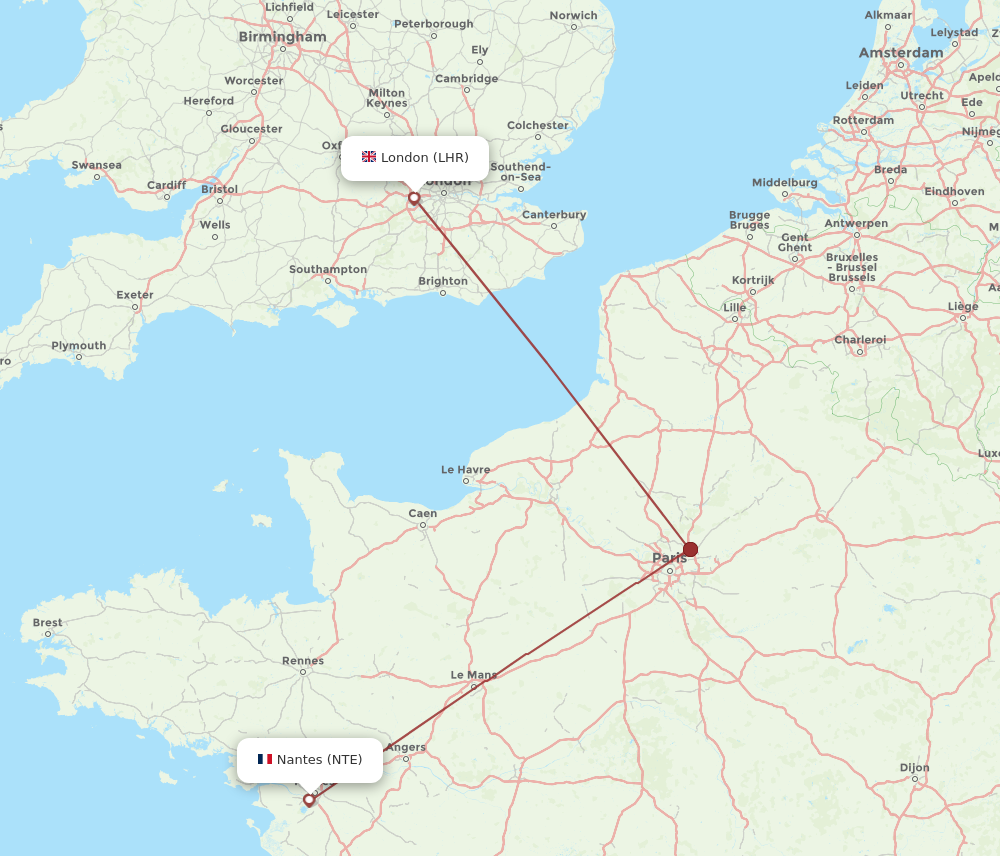 LHR to NTE flights and routes map