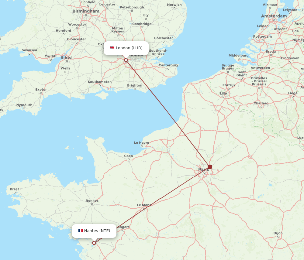 LHR to NTE flights and routes map