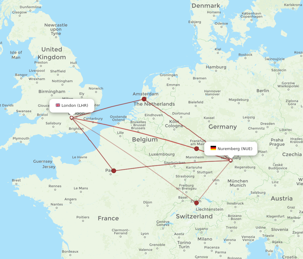 LHR to NUE flights and routes map